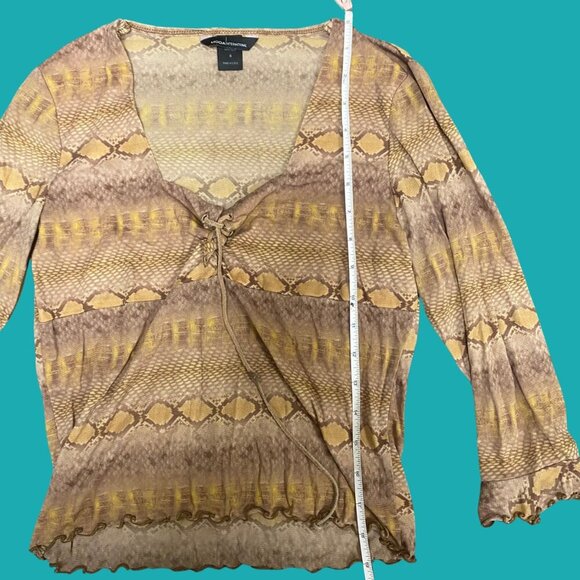 Moda International Snake Print Sheer Tie Front Top (Size S) Y2K Mesh Long Sleeve - Picture 3 of 7